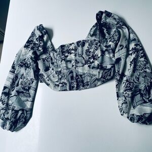 Urban Outfitters Black and White Newsprint Puff Sleeve Corset Top